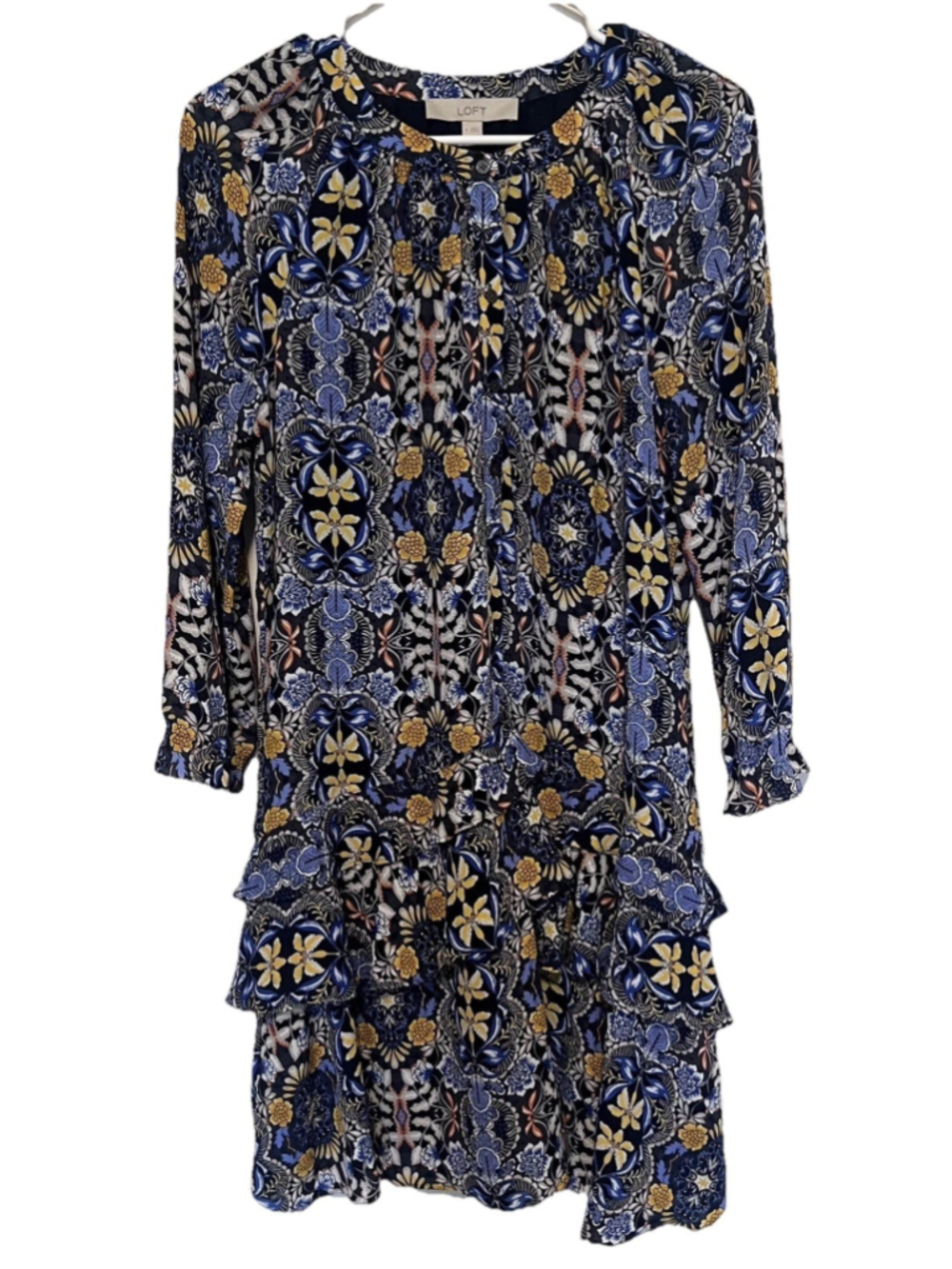 Loft Ann Taylor Ruffle Tiered Dress Women’s Medium Blue Ornate Floral Print
